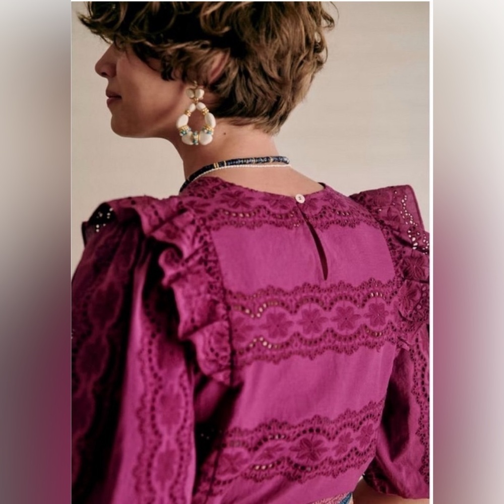 Sezane Elsa Blouse Eyelet Embroidered Ruffled Openwork in Purple Violet sz36/US4 - Picture 12 of 13
